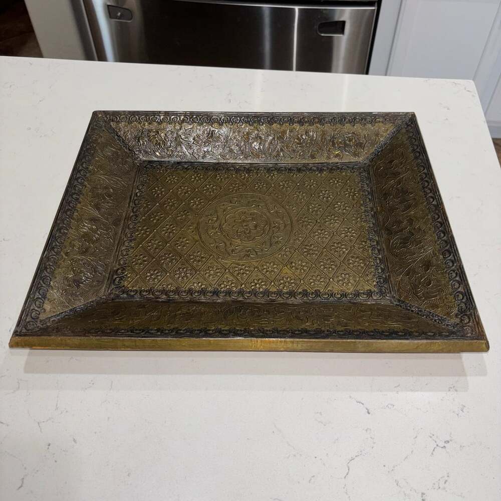 Vintage Embossed Brass Foil Tray with Wood Base 17x14 Ornate Floral